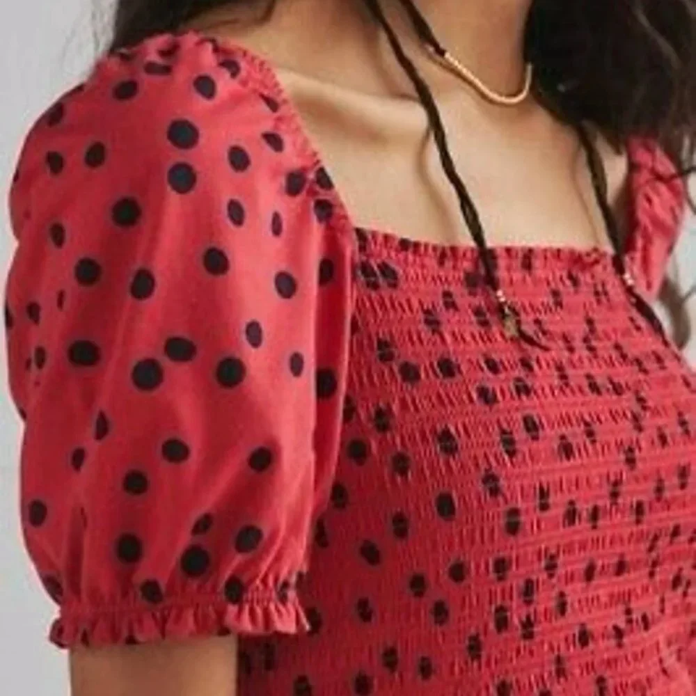NEW ANTHROPOLOGIE DOLAN BLOUSE XL POLKA DOT SMOCK TOP RED BLACK PUFF SLEEVE NWOT - Picture 10 of 10